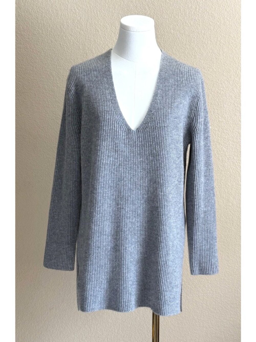 J. Crew Women's Cashmere V-Neck Ribbed Tunic Sweater Side Slits Gray